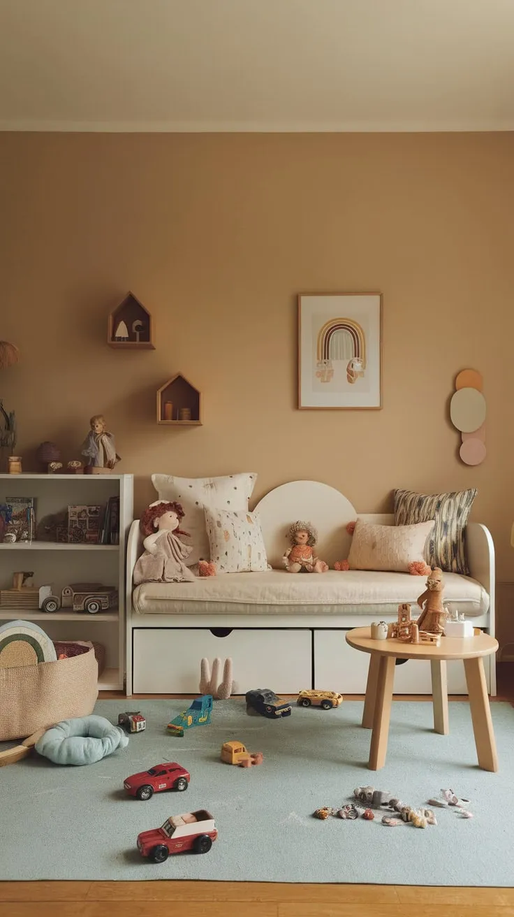 A warm playroom features a comfy white daybed amidst scattered toys and soft lighting, perfect for playtime and rest