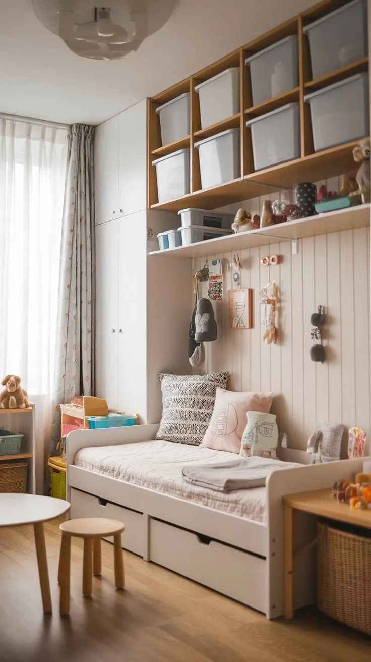 A cozy IKEA daybed anchors a playful wooden-floored room complete with ample storage and a child's haven of toys