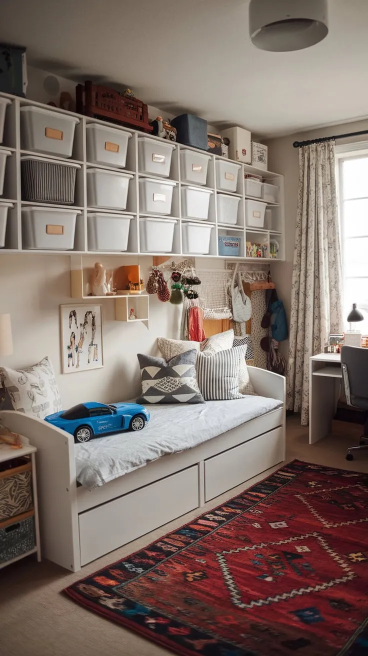 A cozy Ikea daybed anchors a playful room brimming with toys, a desk, and ample storage.