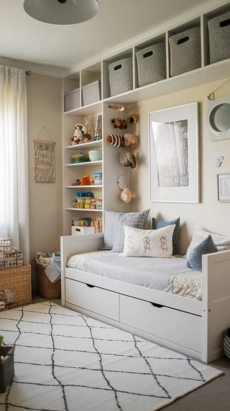 A multifunctional space seamlessly blends playroom energy with a cozy daybed nook in a light-colored room.