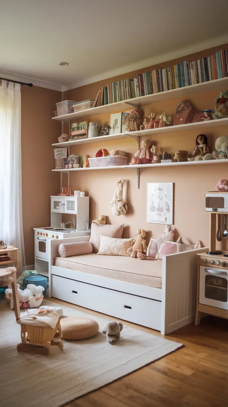 A warm playroom features a cozy IKEA daybed nestled beneath a window, surrounded by toys and books, creating a perfect space for imaginative play and restful naps