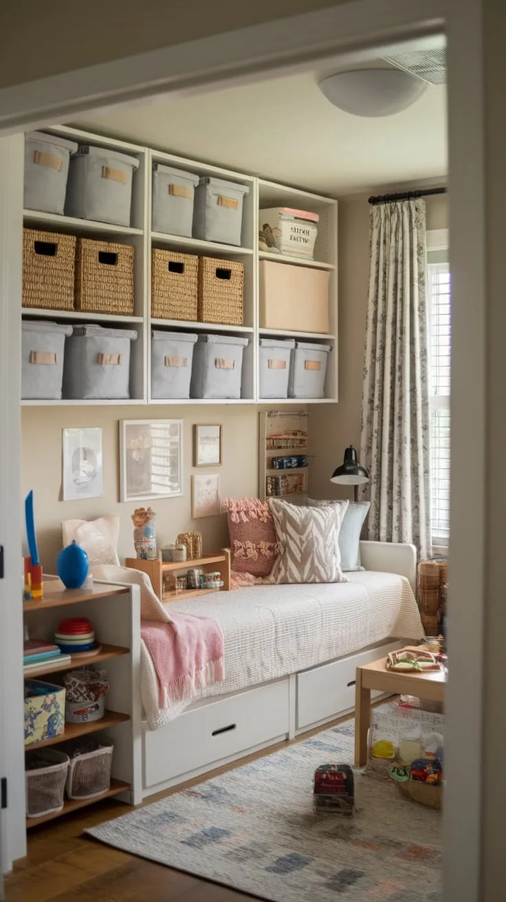 A daybed anchors a charming playroom complete with built-in storage, inviting a balance of imaginative play and peaceful downtime.