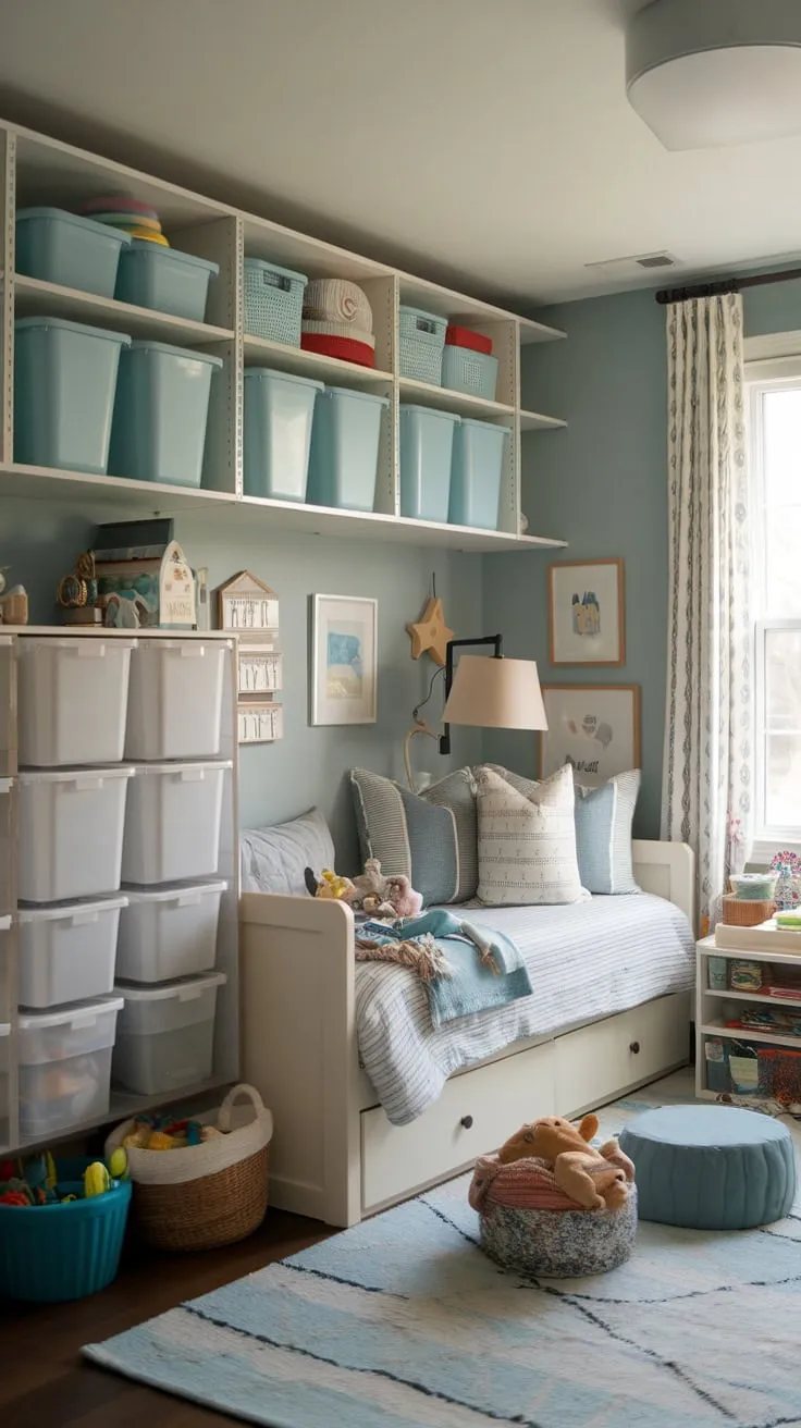 A serene blue playroom features a comfy daybed, ample storage, and playful accents for both rest and recreation