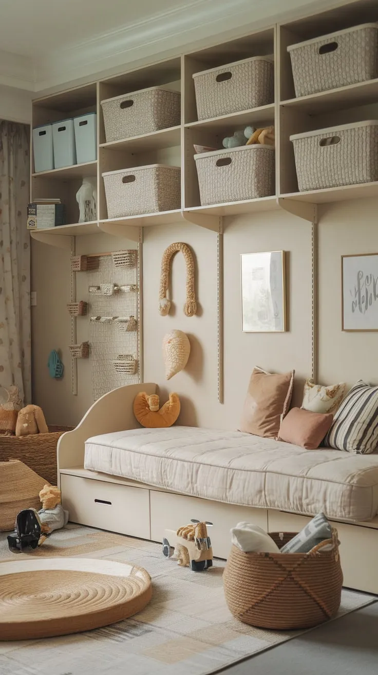 A daybed anchors a serene playroom, offering both a playful space for kids and a welcoming guest area.