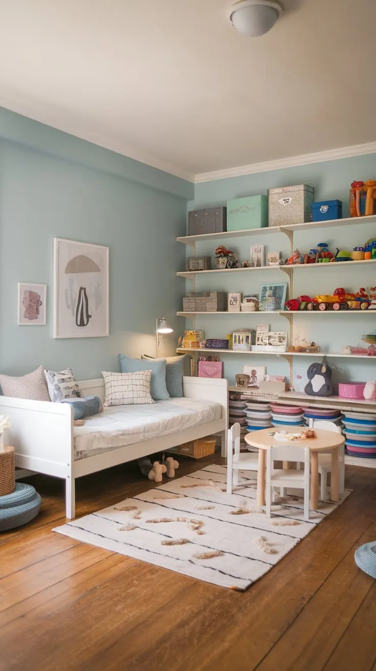 A calming blue playroom boasts a white IKEA daybed nestled amongst toys, a small table, and inviting textiles creating a space for both fun and relaxation.