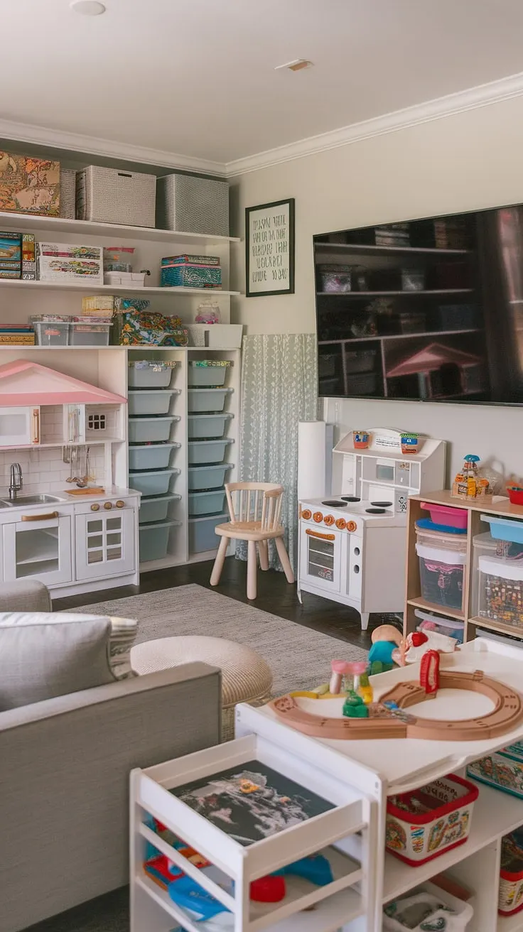 This playroom with TV seamlessly blends entertainment and imaginative play.  Clever kids playroom storage solutions, including built-in shelves and stylish storage units, maximize space and keep toys organized.  The thoughtful playroom layout ideas and playroom furniture ideas create distinct zones for different activities, from the play kitchen and dollhouse to the train table.  This is a perfect example of kids game storage and playroom organization, showcasing effective toy storage solutions and inspiring kids playroom design.