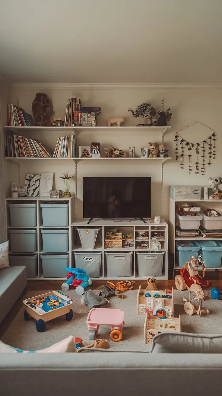 This playroom with TV seamlessly blends fun and function.  Clever playroom storage ideas, including the cabinet and shelves, keep toys organized, while the playroom furniture ideas, like the comfy couch and bookshelf, create a cozy and inviting space.  Smart kids game storage solutions and a thoughtful playroom layout ensure easy access to everything, making playtime a breeze.  This kids playroom design is the perfect example of playroom organization.