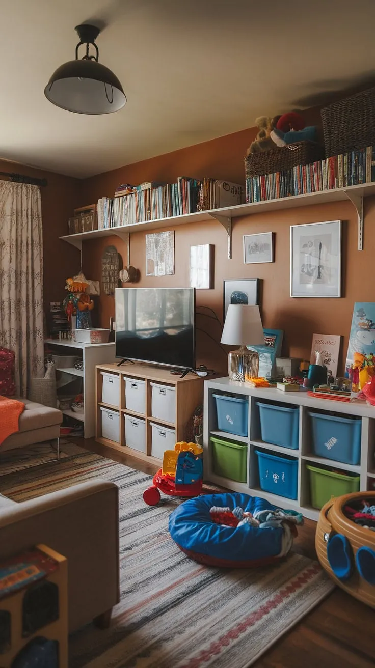 This cozy playroom with TV seamlessly blends fun and function.  Clever kids playroom storage solutions, including a bookshelf, cabinet, and bins, keep toys organized while playroom furniture ideas, like the comfy couch, create a relaxing space for playtime.  The thoughtful playroom layout ideas maximize space and inspire creativity, showcasing effective playroom organization and kids game storage.