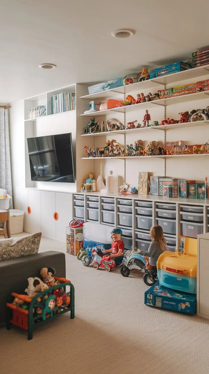 Dreamy playroom design achieved!  This playroom with TV offers the perfect balance of entertainment and organized play.  Kids playroom storage is cleverly integrated with playroom furniture ideas, maximizing space and minimizing clutter.  The playroom storage ideas are both stylish and practical, offering ample space for toys, games, and books.  Kids game storage is readily available, promoting independent play.  This playroom organization system is a testament to smart toy storage solutions and thoughtful playroom layout ideas.