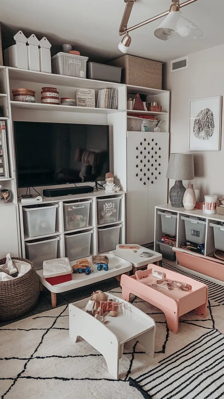 This playroom with TV seamlessly blends fun and function.  Clever playroom storage solutions, including shelves, cabinets, and bins, keep toys organized while playroom furniture ideas, like the comfy rug and thoughtfully placed seating, create a welcoming space for imaginative play.  The room's layout maximizes space and offers plenty of playroom organization, showcasing inspiring kids playroom design and kids game storage ideas.