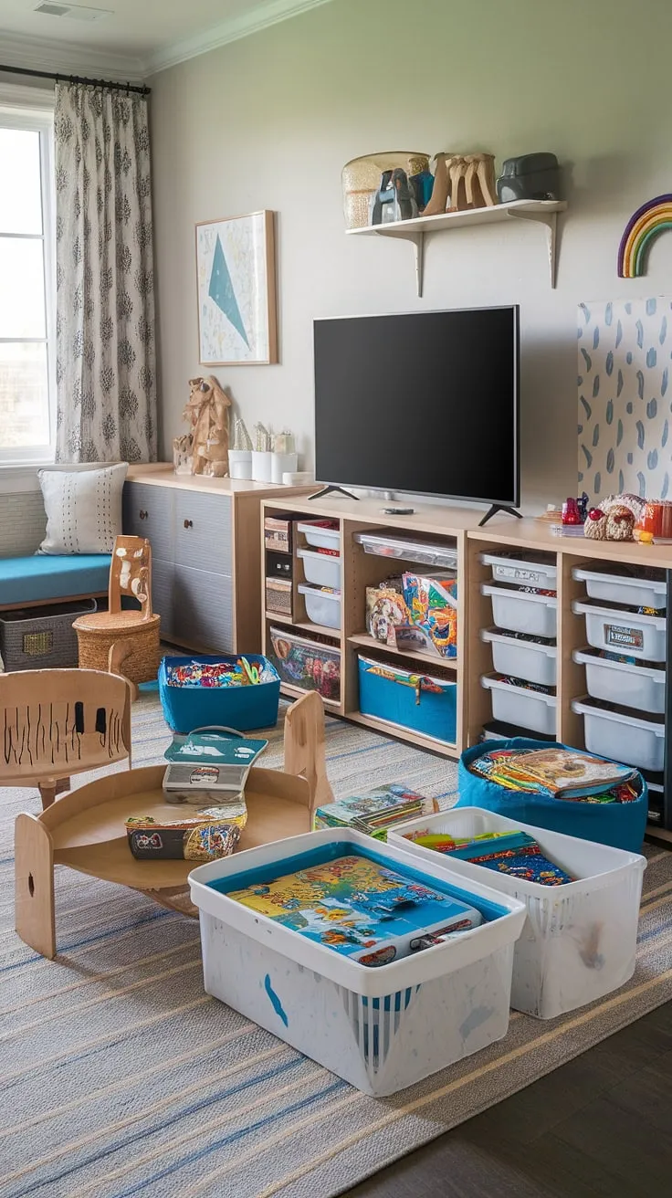 Dreamy playroom with TV achieved!  This space expertly demonstrates playroom storage ideas, with ample kids playroom storage and smart toy storage solutions.  The playroom furniture ideas are both stylish and practical, creating a functional and inviting environment.  From the clever kids game storage to the overall playroom organization, this room is a masterclass in playroom layout ideas and kids playroom design.