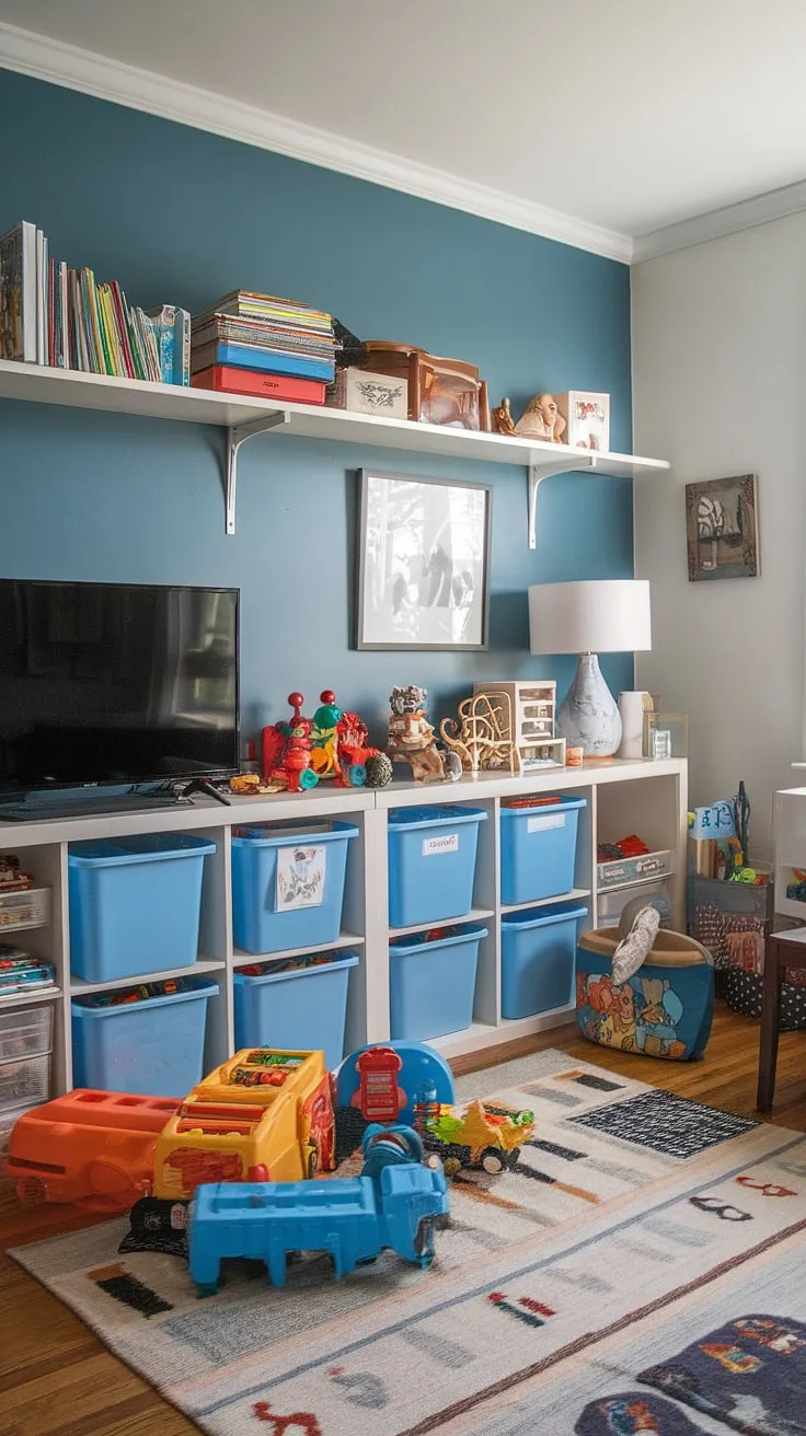 Dreamy playroom with TV, showcasing practical playroom storage ideas and kids playroom storage solutions.  The room's design effortlessly balances playful energy with organized functionality.  From the toy storage solutions in the bins to the charming book shelf and comfy chair, this space is a testament to smart playroom furniture ideas and effective playroom organization.  Get inspired by this kids playroom design and its clever playroom layout ideas.