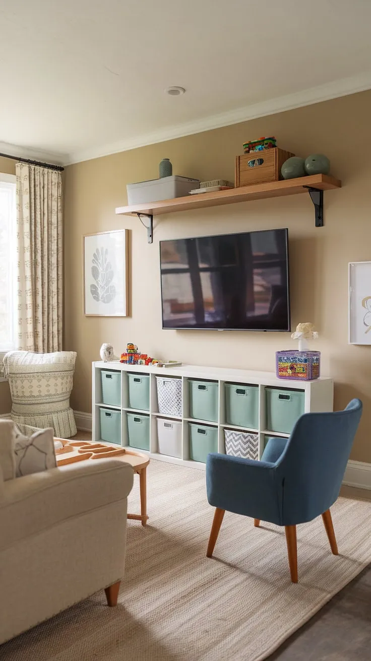 This thoughtfully designed playroom seamlessly blends comfort and organization.  The beige sofa and blue armchair offer cozy spaces for reading or watching TV, while clever playroom storage ideas, including the white cube unit and green drawers, keep toys neatly tucked away.  This kids playroom design prioritizes both play and practicality, showcasing effective kids game storage and playroom organization solutions.  The overall playroom layout ideas create a calming and functional space for imaginative play.