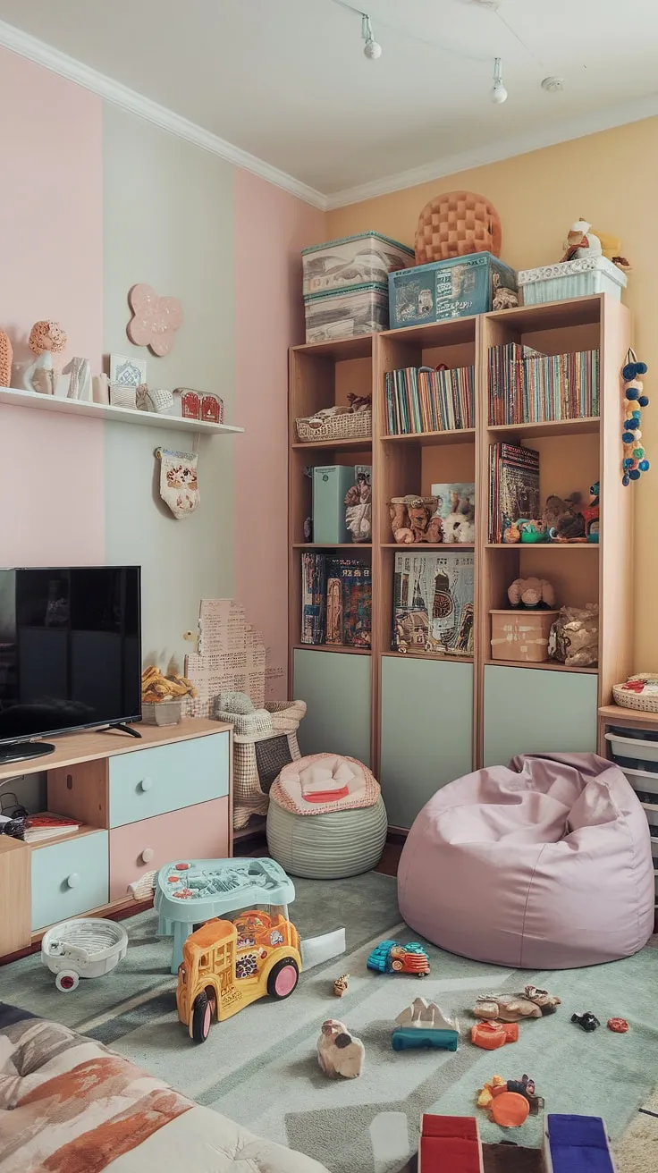 Dreamy pastel walls and a comfy beanbag create the perfect backdrop for playtime in this playroom with TV.  Smart playroom organization is key, and this room showcases brilliant playroom storage ideas and kids game storage solutions.  From the bookshelf to the thoughtful playroom furniture ideas, every element contributes to a functional and fun kids playroom design.  Explore these playroom layout ideas for inspiration in your own home.
