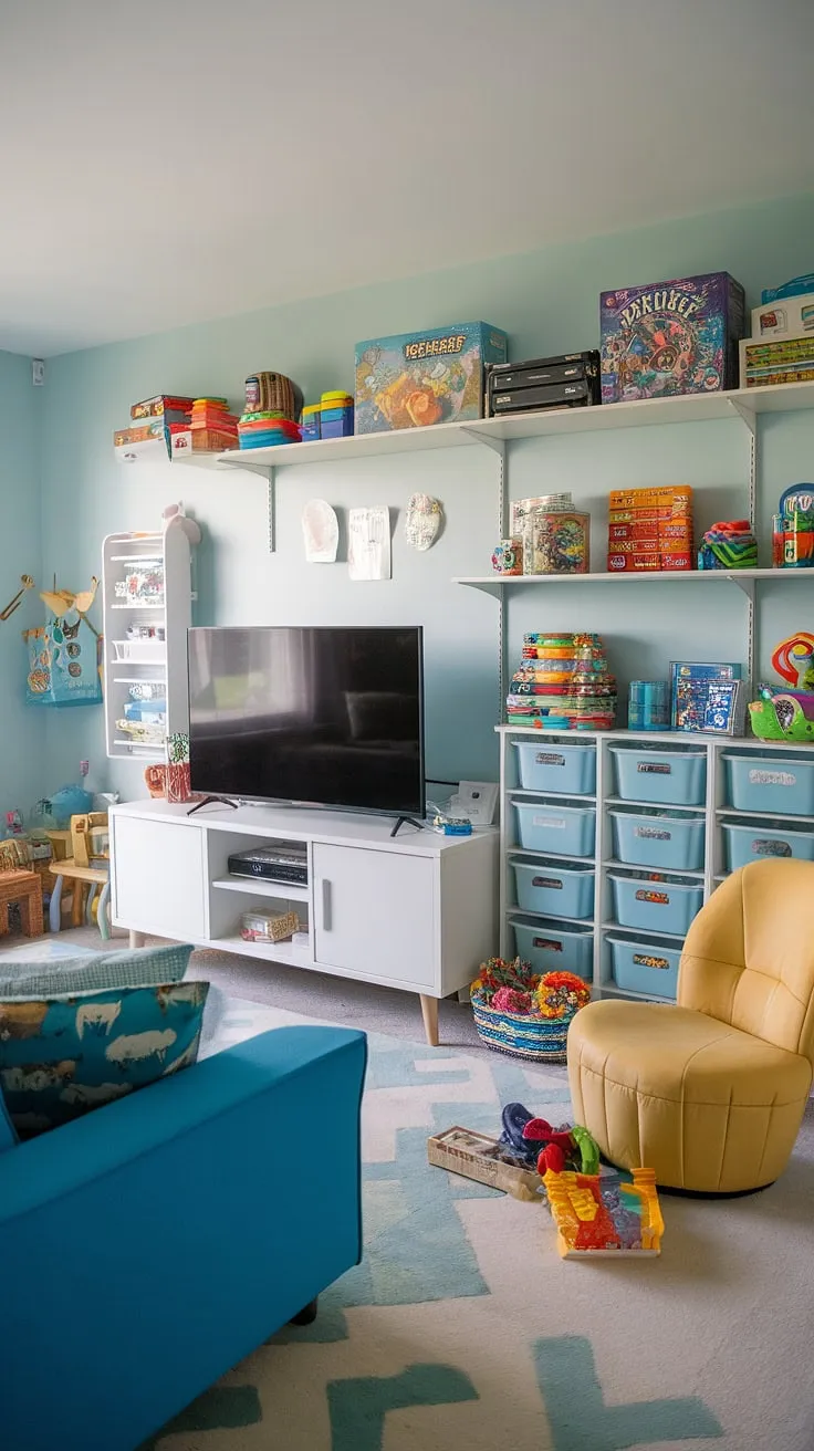 This playroom with TV seamlessly blends fun and function.  Clever playroom storage ideas, including kids game storage solutions, keep toys organized while stylish playroom furniture ideas, like the blue couch and yellow chair, create a vibrant and inviting space.  The thoughtful playroom layout ideas maximize space and the light blue walls enhance the overall kids playroom design.