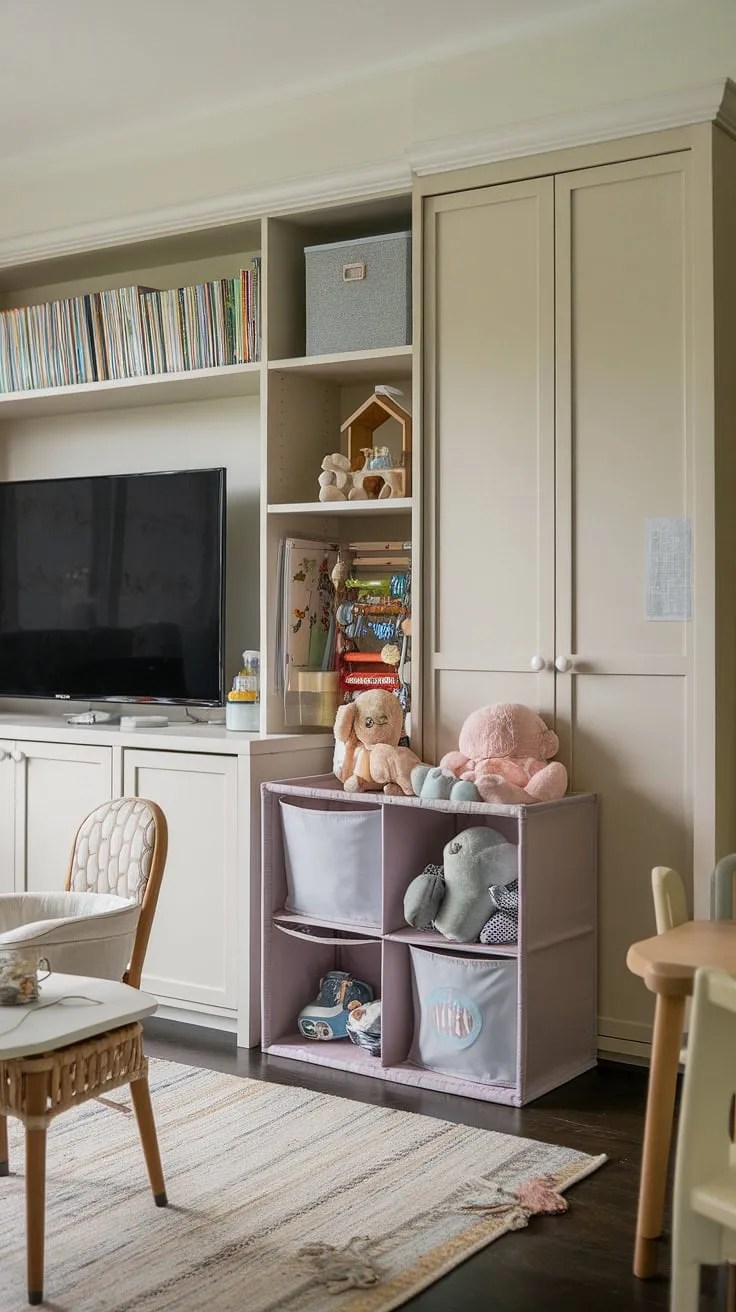Dreamy kids playroom design achieved!  This playroom with TV showcases brilliant kids playroom storage solutions, from the stylish cabinet to the adorable cube organizer overflowing with soft toys.  The playroom furniture ideas and playroom layout ideas maximize space and encourage imaginative play.  Practical playroom organization and clever toy storage solutions make this the ultimate kids game storage haven.