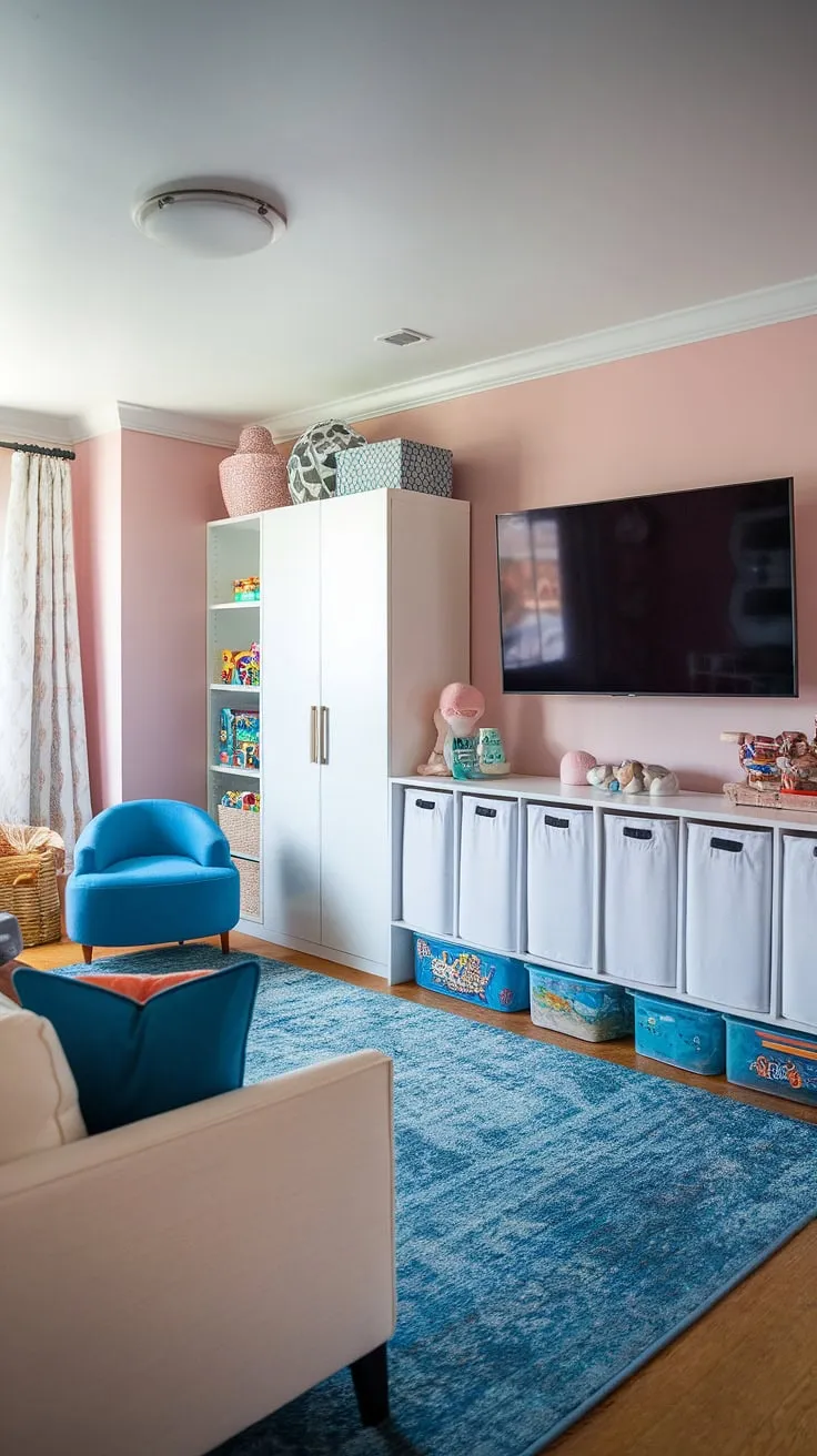 This bright pink playroom is the ultimate kids' haven!  Clever playroom layout ideas maximize space, with stylish playroom furniture ideas and ingenious toy storage solutions keeping everything organized.  The kids playroom storage unit and smart kids game storage ensure a clutter-free zone, leaving plenty of room for playtime fun around the comfy seating and the playroom with TV.