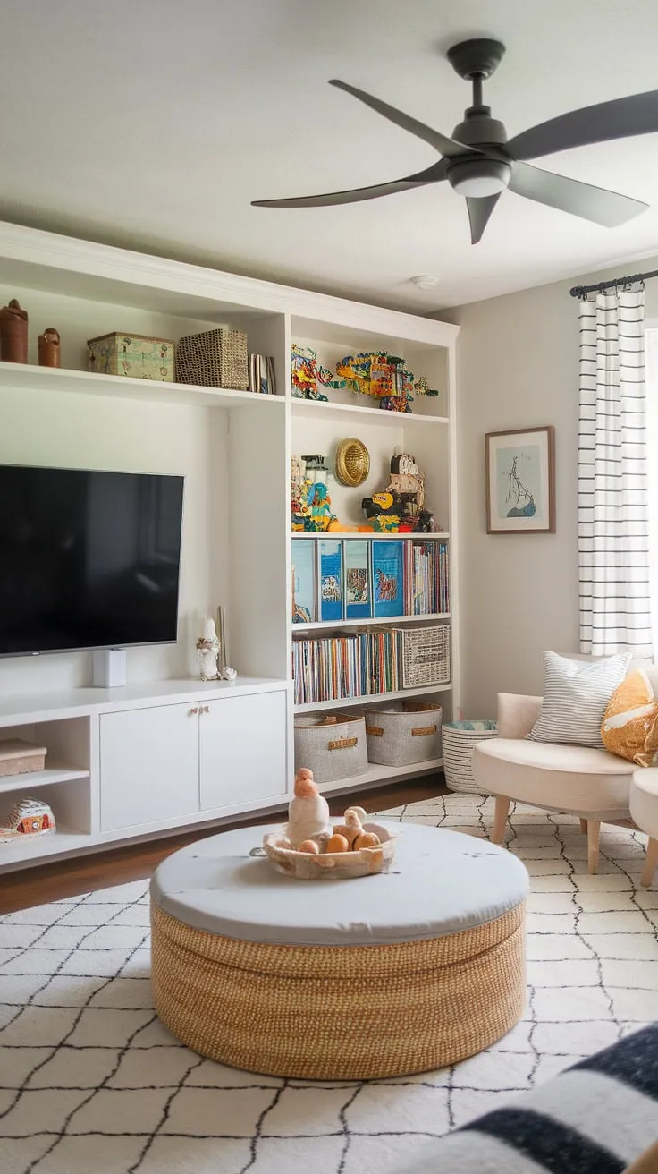 Dreamy playroom with TV achieved!  This kids playroom design showcases brilliant playroom storage ideas and playroom furniture ideas, ensuring effortless playroom organization.  From innovative toy storage solutions to clever kids game storage, every detail contributes to a functional and stylish space.  The playroom layout ideas are perfect for maximizing space and creating a happy, organized play area.