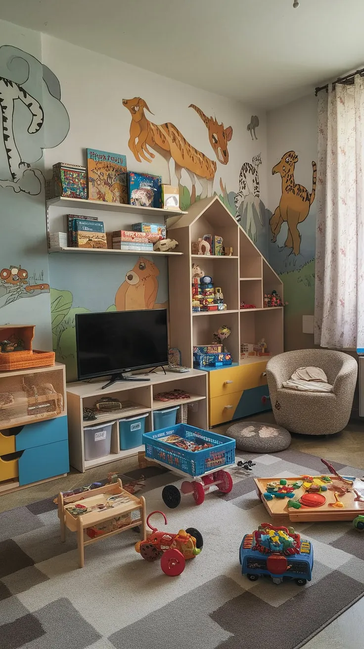 A whimsical kids playroom design, this space effortlessly balances entertainment and tidiness.  The playroom with TV is a hub of creativity, enhanced by practical playroom storage ideas and kids playroom storage solutions.  From the colorful murals to the comfy chair, every element contributes to a joyful atmosphere.  This room demonstrates effective playroom organization and offers plenty of inspiration for your own playroom furniture ideas.