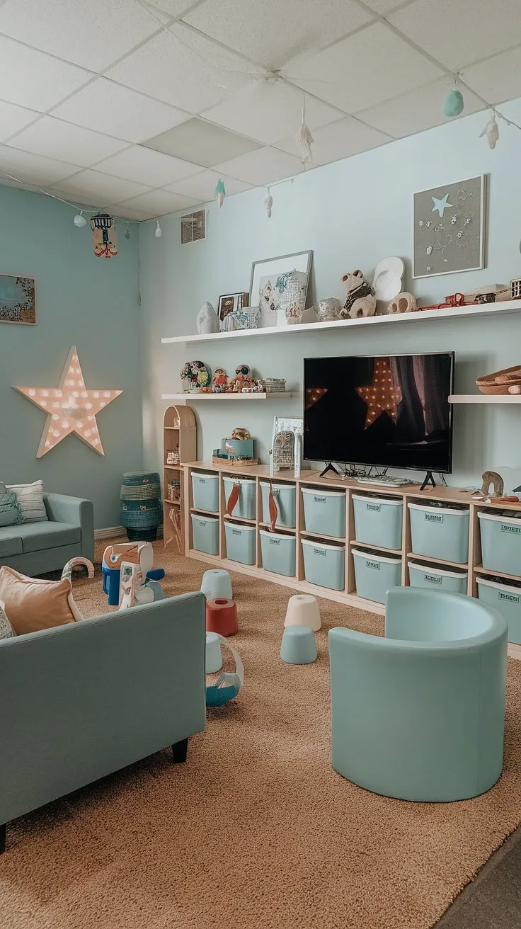 Dreamy playroom with TV achieved!  This kids playroom design showcases brilliant playroom storage ideas, transforming toy chaos into organized fun.  The kids playroom storage solutions are both stylish and practical, offering ample space for games and toys.  Explore these playroom furniture ideas and playroom layout ideas for inspiration in creating your own perfect playroom organization.