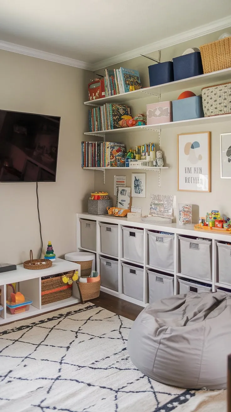 This playroom with TV seamlessly blends fun and function.  Clever playroom storage ideas, including a bookshelf, storage unit, and baskets, keep toys organized while maximizing space.  The playroom furniture ideas, from the beanbag chair to the small table, create cozy zones for play.  This kids playroom design showcases effective kids game storage and toy storage solutions, offering inspiration for your own playroom organization and playroom layout ideas.