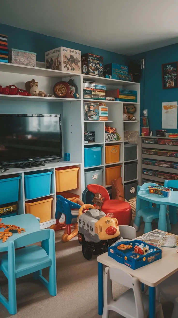 This vibrant blue playroom is a haven of fun and functionality!  Clever kids playroom storage solutions, including shelves and baskets, keep toys organized while playroom furniture ideas like the comfy chairs and table create a space for imaginative play.  This playroom with TV offers the perfect blend of entertainment and organized fun, showcasing excellent playroom layout ideas and kids game storage.  The design effortlessly balances play and practicality, offering inspiration for your own kids playroom design.