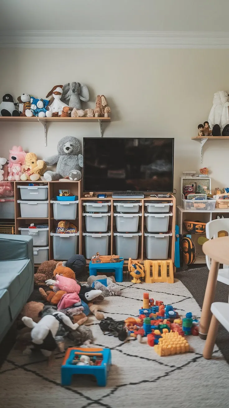 Dreamy playroom design achieved!  This playroom with TV proves that playroom organization doesn't have to be boring.  The playroom storage ideas, including smart toy storage solutions, maximize space and minimize clutter.  From playroom furniture ideas to kids playroom storage, every detail contributes to a functional and inviting atmosphere.  Get inspired by this playroom layout ideas for your own kids playroom design.