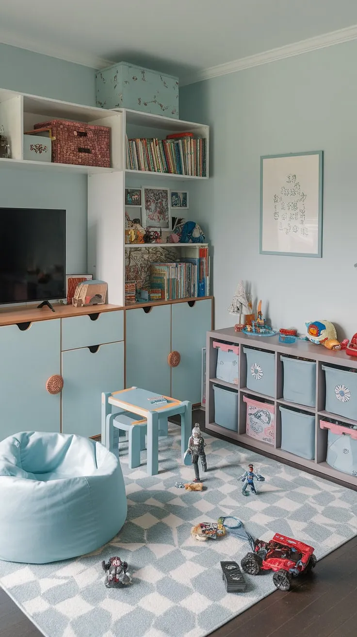 This light blue playroom seamlessly blends function and fun.  Clever playroom storage solutions, including a bookshelf, cabinet, and cube storage, keep toys organized while playroom furniture ideas like the beanbag chair and small table create cozy play zones.  This kids playroom design showcases smart kids game storage and offers plenty of playroom layout ideas for parents seeking effective playroom organization.  The playroom with TV provides entertainment, making it a complete haven for imaginative play.