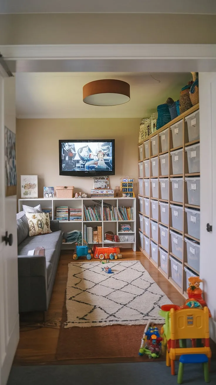 Dreamy kids playroom design featuring smart kids playroom storage solutions.  The playroom with TV offers a cozy spot for movie nights, while the abundant storage – a testament to our playroom storage ideas – keeps everything tidy.  From the playroom furniture ideas to the thoughtful playroom layout ideas, every detail contributes to a fun and organized space.  This room showcases effective kids game storage and playroom organization, making it a haven for imaginative play.