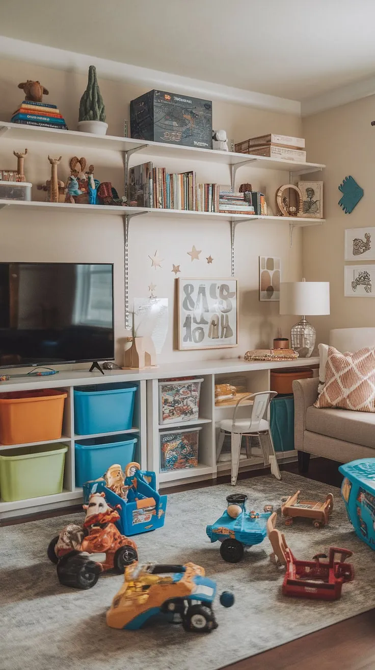 This playroom with TV seamlessly blends fun and function.  Clever playroom storage ideas, including thoughtful kids game storage and toy storage solutions, keep the space organized and inviting.  The playroom furniture ideas, from the comfy seating to the well-designed shelves, contribute to a playful yet practical playroom layout ideas, showcasing a fantastic kids playroom design.