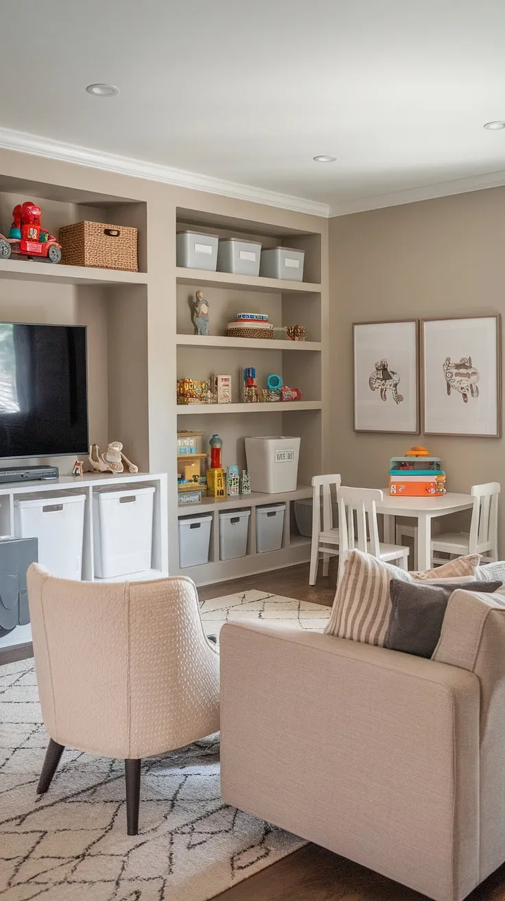 This kids playroom design is the ultimate in playroom organization.  Smart playroom storage ideas, from built-in shelves to stylish toy chests, provide ample kids playroom storage.  The playroom furniture ideas, including a cozy sofa and functional table, create a versatile space for both play and quiet time.  This playroom layout ideas demonstrates how to seamlessly integrate a TV while maintaining a clutter-free environment.  The result?  A beautiful and functional playroom with TV that's a joy for kids and parents alike.