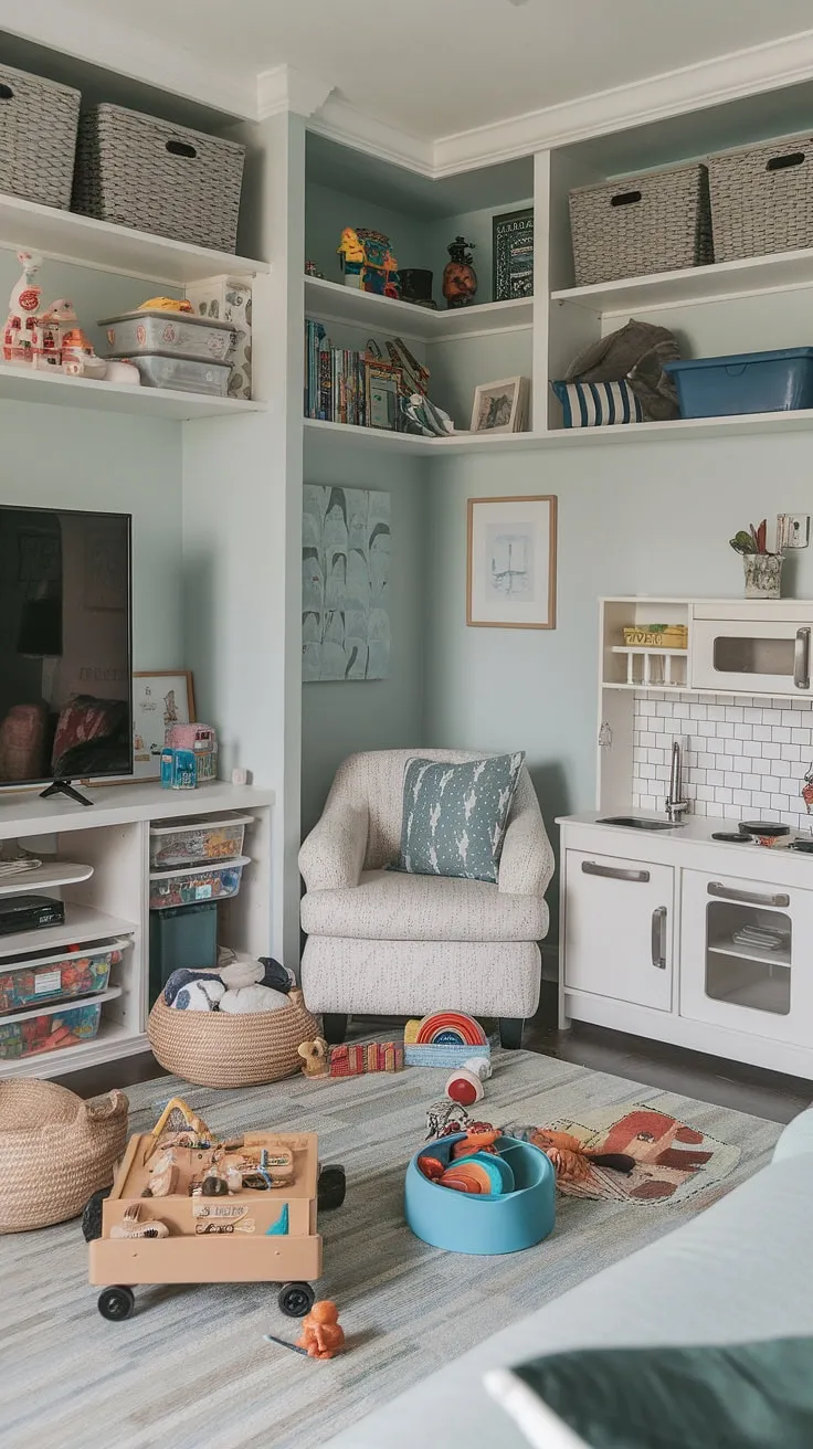 Dreamy playroom with TV, perfectly organized with inspiring playroom storage ideas.  This kids playroom design balances fun and functionality, utilizing clever kids playroom storage solutions for toys and games.  The playroom furniture ideas create distinct zones for reading, playing, and even cooking!  This space is a masterclass in playroom organization, offering practical kids game storage and innovative playroom layout ideas.