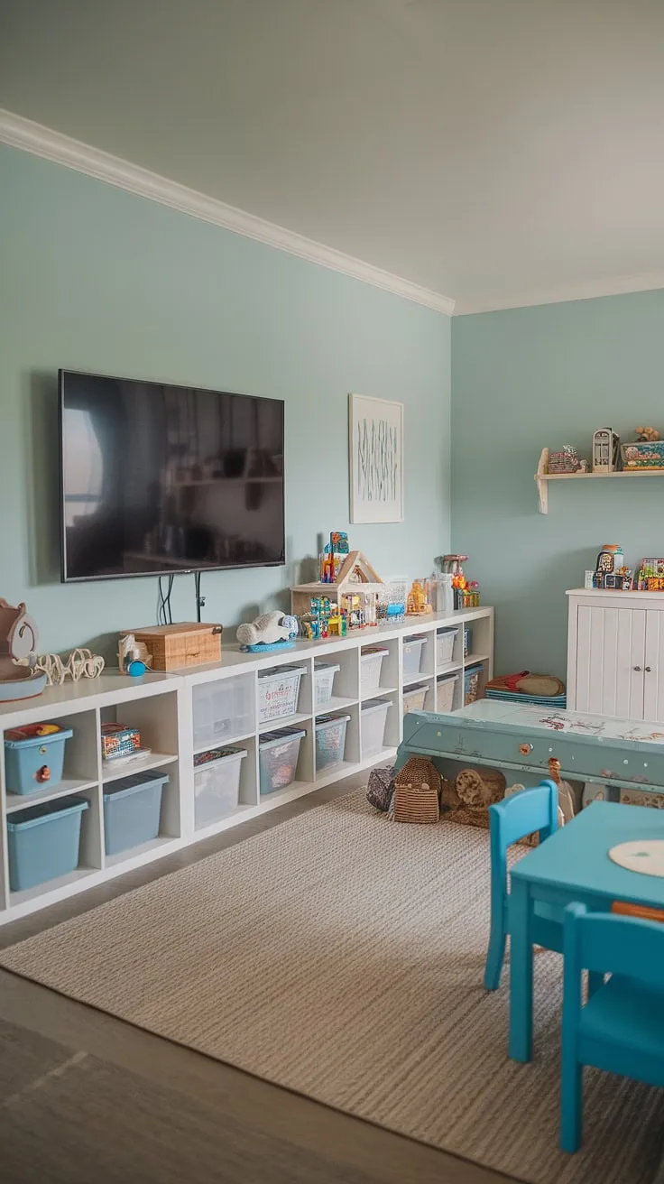 This serene blue playroom seamlessly blends function and fun.  Clever playroom storage solutions, like the built-in shelving and toy chest, maximize space while keeping toys organized.  The thoughtful playroom layout ideas create distinct zones for play, relaxation, and storage, making it a haven for imaginative adventures.  This kids playroom design showcases practical playroom furniture ideas and kids game storage solutions, proving that a stylish playroom with TV doesn't have to compromise on organization.