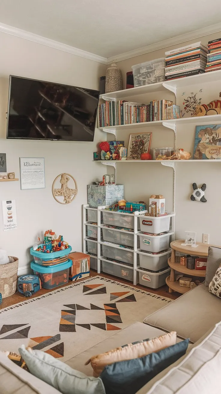 This playroom with TV seamlessly blends fun and function.  Clever playroom storage ideas, including the large storage unit and thoughtfully placed shelves, maximize space and keep toys organized.  The playroom furniture ideas, from the comfy sofa to the geometric rug, create a welcoming and playful atmosphere.  Smart kids game storage solutions and overall playroom organization ensure easy cleanup and maximum playtime.  This kids playroom design is a masterclass in playroom layout ideas.