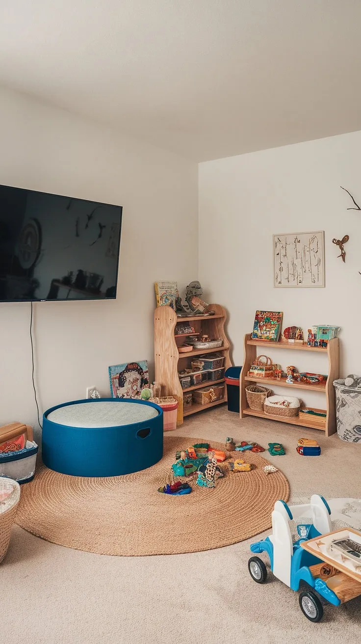 Dreamy kids playroom design featuring smart playroom organization.  This playroom with TV offers ample kids playroom storage with a stylish bookshelf and ottoman, providing practical toy storage solutions.  The thoughtful playroom layout ideas and playroom furniture ideas create a balanced space for both play and quiet time.  Explore these inspiring kids game storage and playroom storage ideas for your own family fun zone.