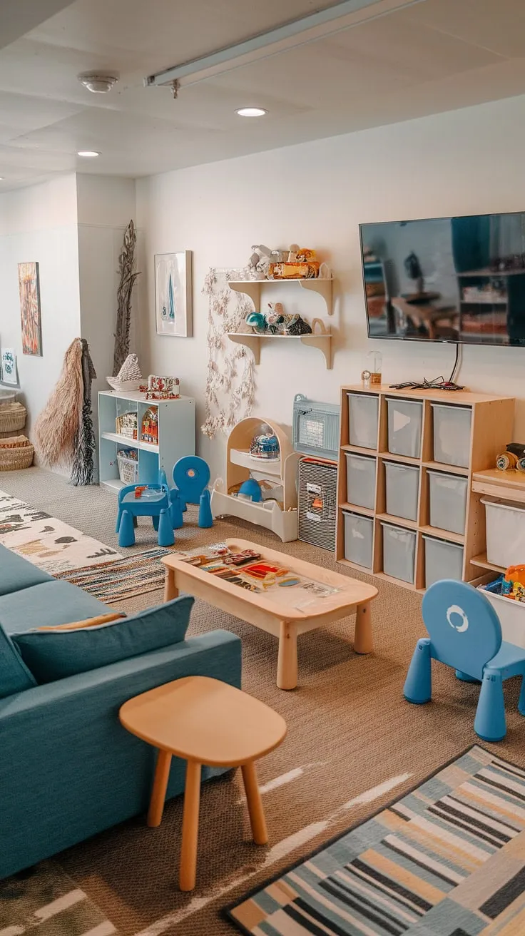 Transforming chaos into calm: this kids playroom design is a masterclass in playroom organization.  Smart playroom furniture ideas and kids playroom storage solutions, like the built-in unit and stylish shelves, keep toys neatly tucked away.  The playroom with TV provides entertainment without sacrificing style, while the thoughtful playroom layout ideas ensure there's ample space for imaginative play.  This is the ultimate guide to kids game storage and a testament to effective toy storage solutions.