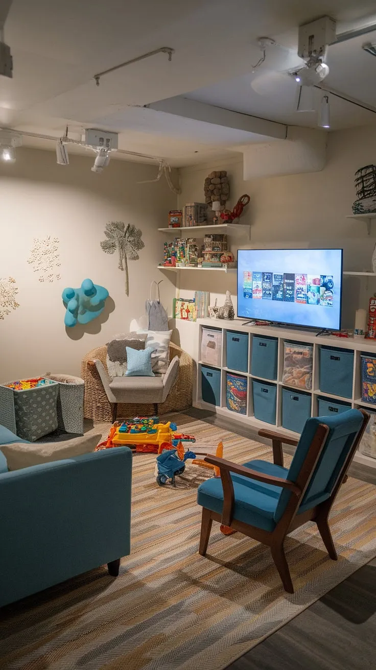 Sunshine streams into this perfectly designed kids playroom.  The smart playroom organization and kids playroom storage are key to this space's success, showcasing innovative toy storage solutions.  From the strategic playroom layout ideas to the comfy playroom furniture ideas, every detail is considered.  This inspiring kids playroom design proves that even a playroom with TV can be stylish, functional, and a haven for imaginative play.