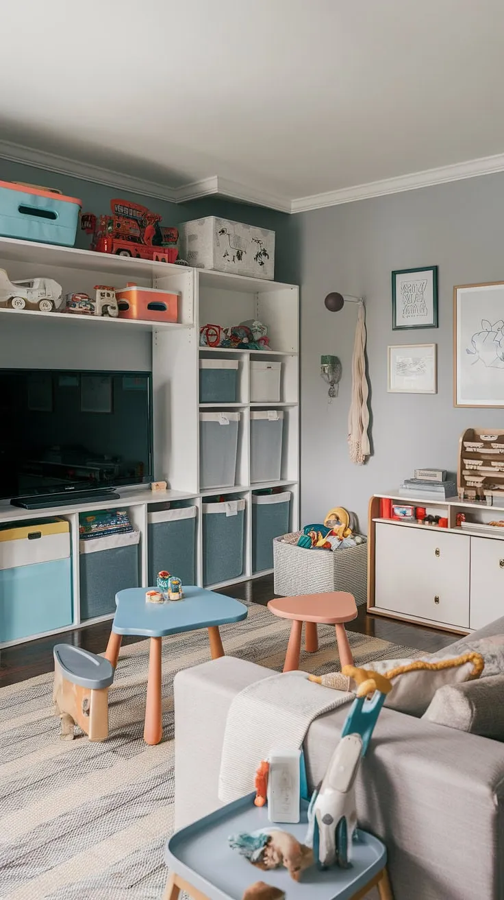This playroom with TV seamlessly blends style and functionality.  Clever playroom storage ideas, including a toy chest and thoughtfully placed shelves, maximize space and keep toys organized.  The playroom furniture ideas, from the comfy sofa to the small tables, create distinct zones for play and relaxation.  This kids playroom design showcases effective kids game storage and toy storage solutions, offering inspiration for your own playroom organization and playroom layout ideas.