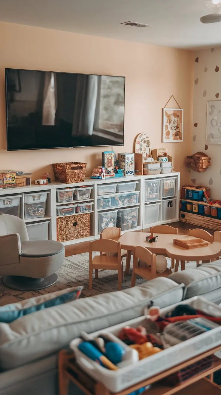Dreamy playroom design achieved!  This space showcases brilliant playroom storage ideas, from stylish shelves to practical toy storage solutions, ensuring effortless kids game storage and playroom organization. The playroom furniture ideas, including the cozy seating and kid-sized tables, complete the inviting atmosphere.  This playroom with TV is a testament to smart playroom layout ideas and a perfect blend of fun and functionality.