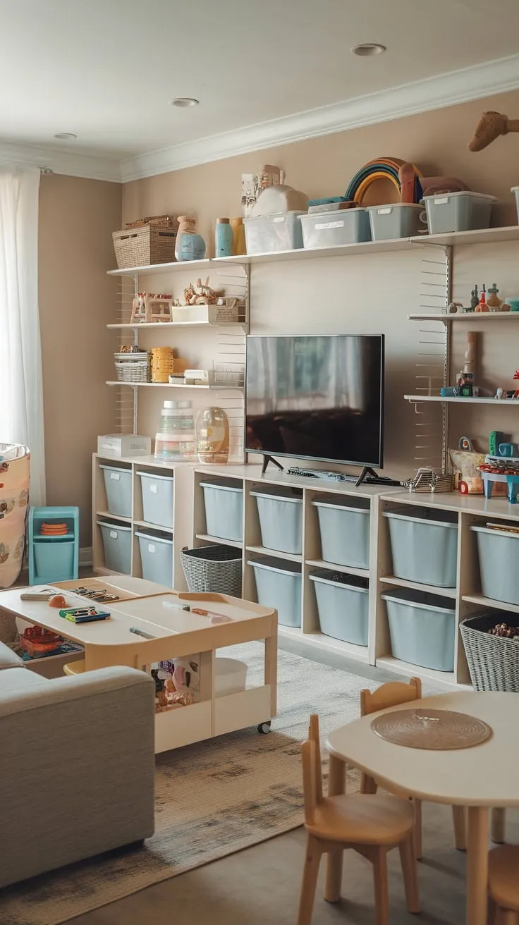 Dreamy playroom design achieved!  This kids playroom storage system, featuring multiple shelves and baskets, is the ultimate toy storage solution.  The playroom with TV provides entertainment, while the thoughtful playroom furniture ideas and playroom layout ideas create a space that's both functional and aesthetically pleasing.  Get inspired by these playroom storage ideas for your own kids playroom design.