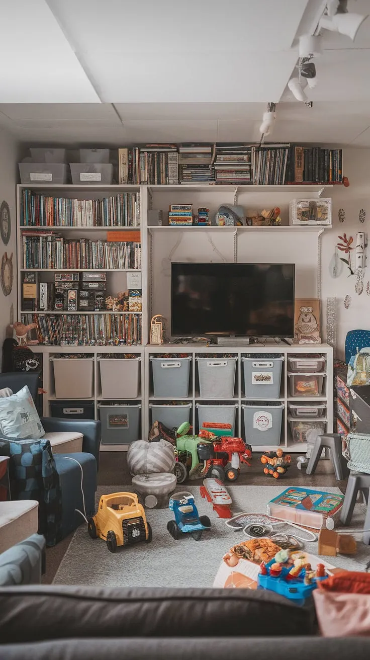 A haven of imagination! This kids playroom design expertly balances playful energy with practical playroom organization.  The playroom with TV provides entertainment, while smart playroom furniture ideas and kids playroom storage solutions, such as the built-in shelving and storage bins, maximize space and minimize clutter.  Explore these playroom layout ideas and toy storage solutions for inspiration in creating your own organized and engaging playroom.