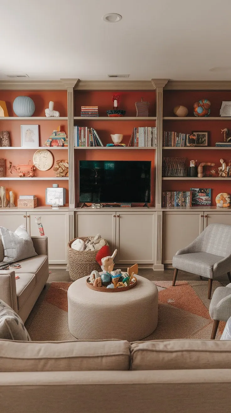 Dreamy playroom design achieved! This kids playroom showcases innovative playroom storage ideas, transforming toy clutter into charming displays.  The kids playroom storage solutions are both practical and aesthetically pleasing, complementing the playroom furniture ideas and overall playroom layout ideas.  The strategic placement of the TV in this playroom with TV doesn't compromise the flow, while the rugs add warmth and texture.  This space is a masterclass in toy storage solutions and a perfect example of how to create a functional and fun environment.