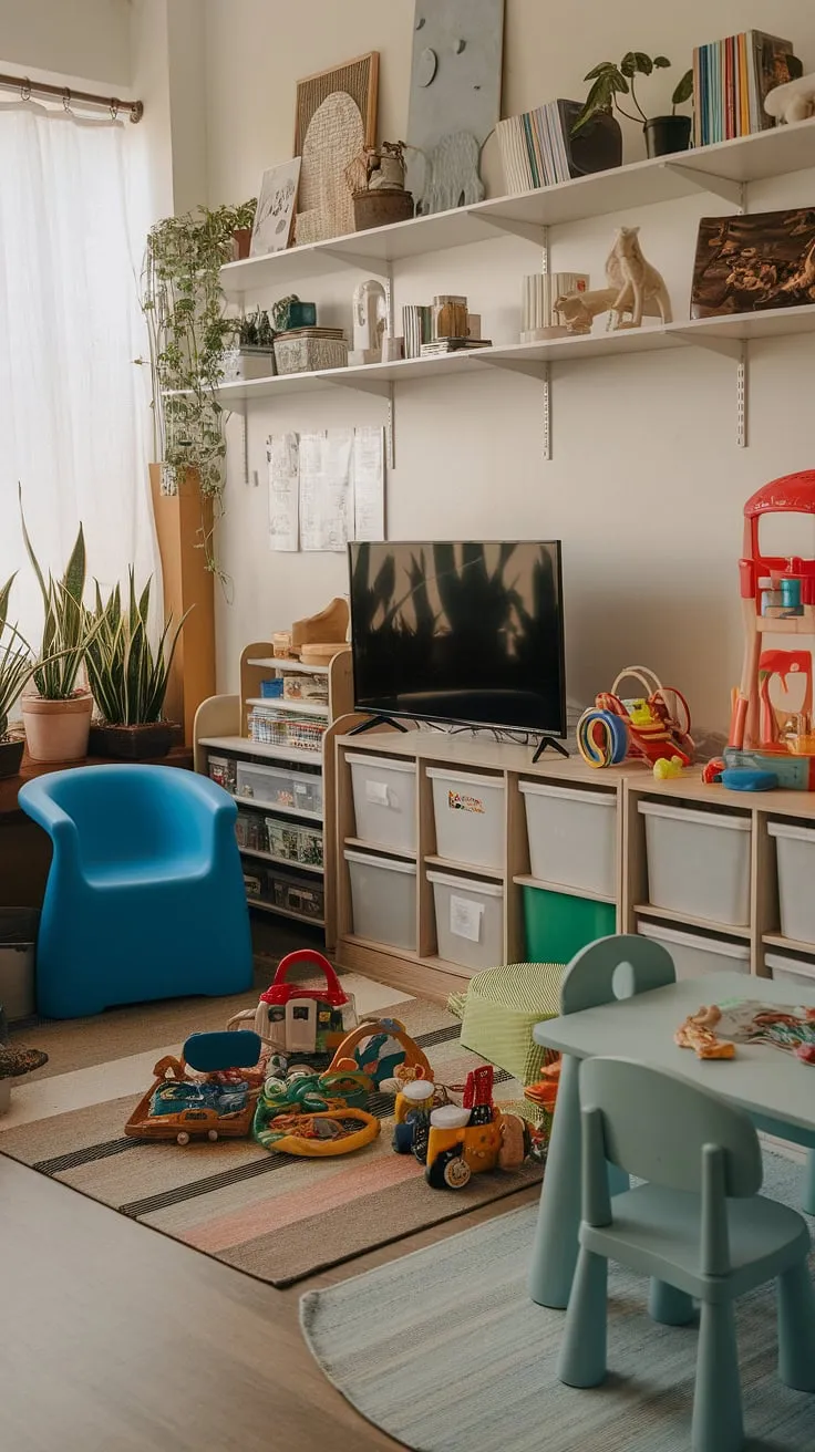 This vibrant playroom seamlessly blends fun and function.  Clever playroom storage solutions, including built-in shelves and thoughtfully placed baskets, keep toys organized while maximizing space.  The playroom furniture ideas, from the comfy chairs to the playful table, create distinct zones for reading, playing, and watching TV.  This kids playroom design showcases smart kids game storage and offers inspiration for your own playroom layout ideas and kids playroom storage solutions.