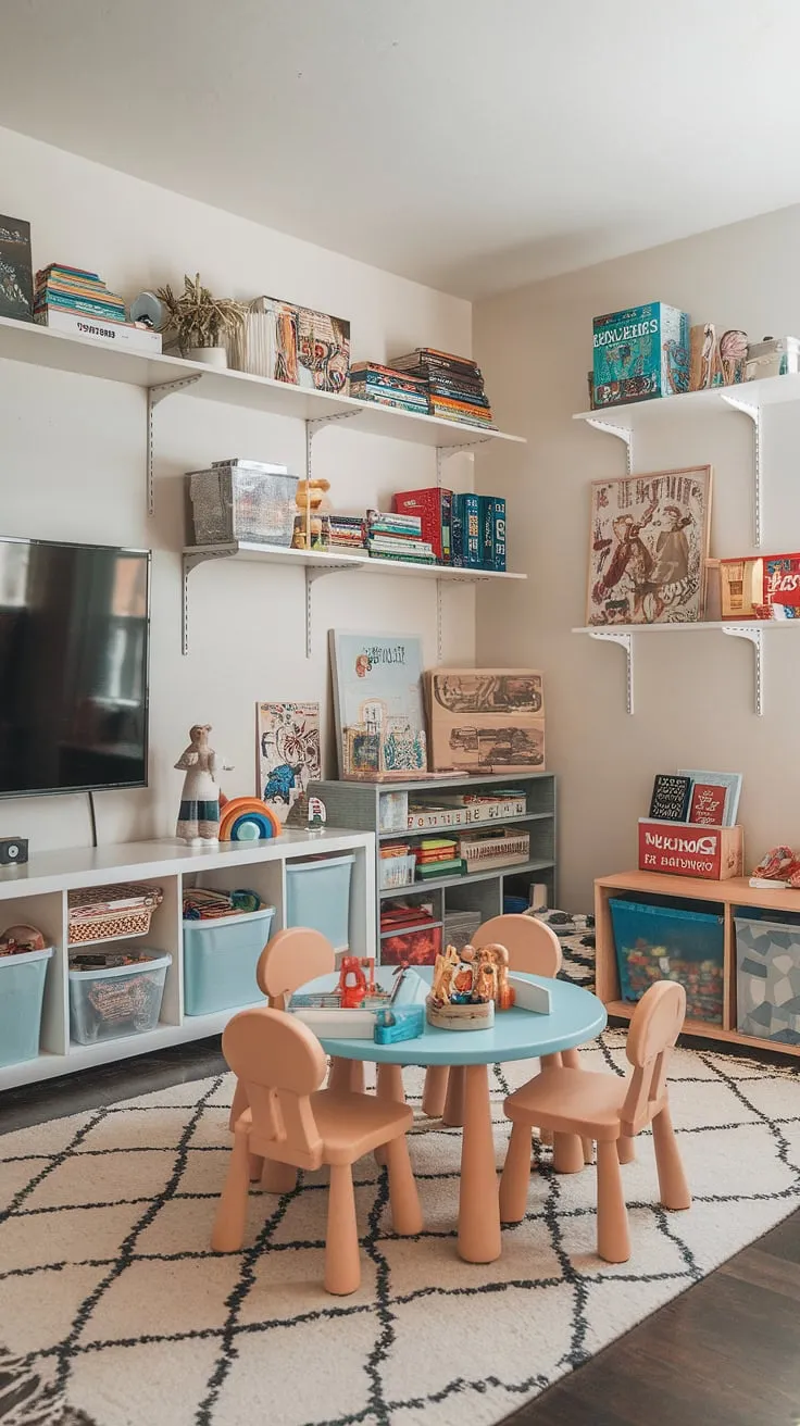 This playroom with TV seamlessly blends fun and function.  Clever playroom storage ideas, including mounted shelves and stylish kids game storage solutions, keep toys organized while playroom furniture ideas, like the comfy table and chairs, create inviting spaces for imaginative play.  The thoughtful playroom layout ideas maximize space and ensure easy access to everything, making this a kids playroom design parents will love too.