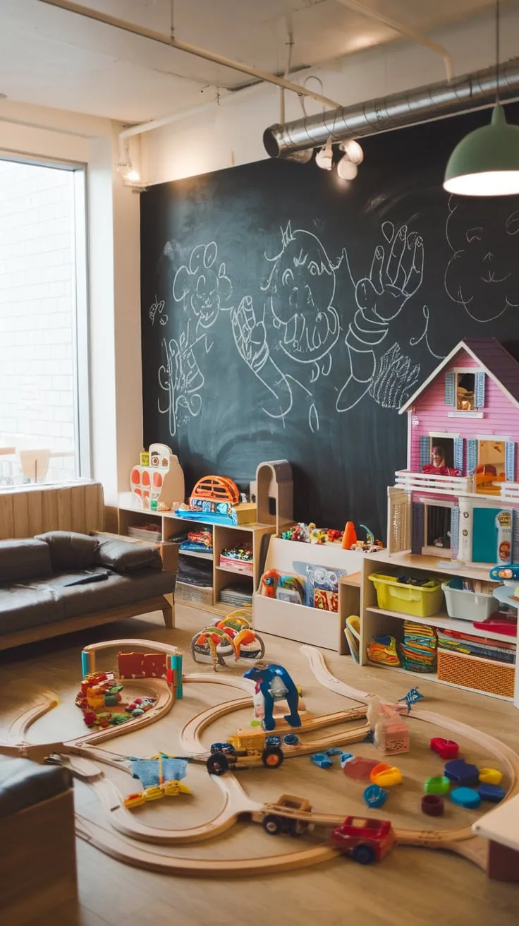 A bright playroom in a kid's cafe offers a haven of toys, a chalkboard wall, and adult seating, fostering fun and creativity.