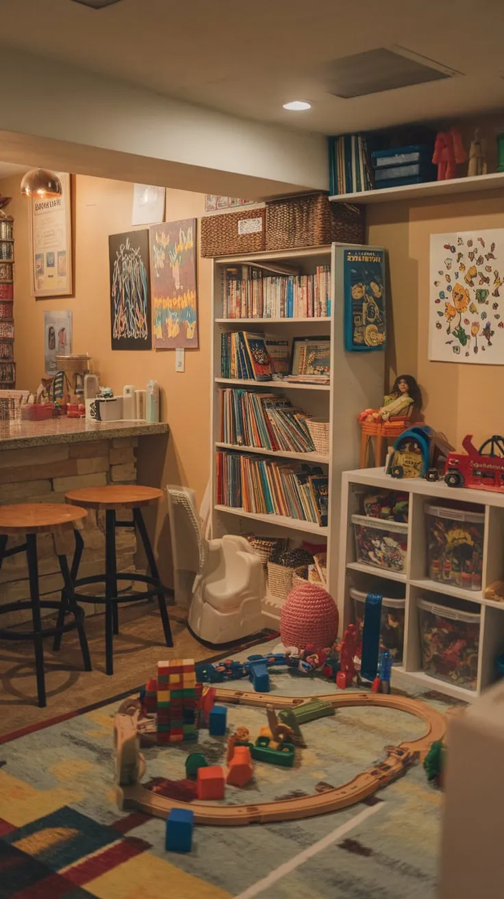 A cozy basement playroom features a cafe area, an array of toys and books, and cheerful decor, transforming a subterranean space into a child's haven.