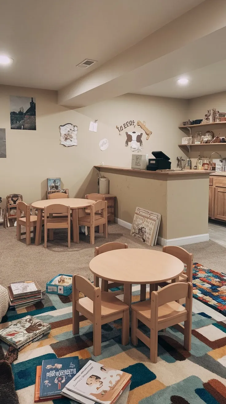 A colorful rug and scattered toys create a fun playroom atmosphere enhanced by a built-in cafe area with a wooden table and counter.