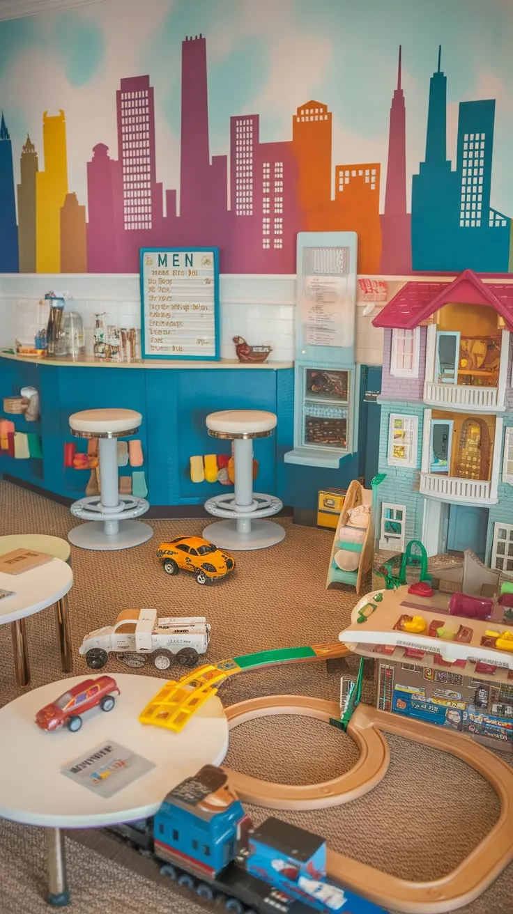 A whimsical cafe-themed playroom in a dream house features a city skyline mural, toy cars, a dollhouse, and a train set, all set against a patterned carpet.