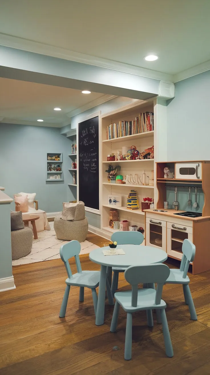 Escape the ordinary in this enchanting basement playroom.  The custom play cafe and thoughtfully designed playroom create a kids cafe atmosphere perfect for little ones. This stunning playroom design, a testament to clever basement renovations, is a dream come true.