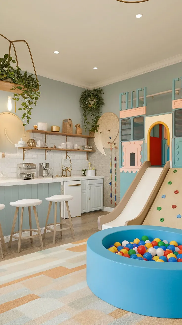 Dream house rooms don't get much better than this!  Basement renovations don't have to be drab – this vibrant indoor playroom and kids cafe boasts a climbing wall, slide, ball pit, and a parent-friendly cafe area.  The ultimate playroom design for families who want both fun and functionality.